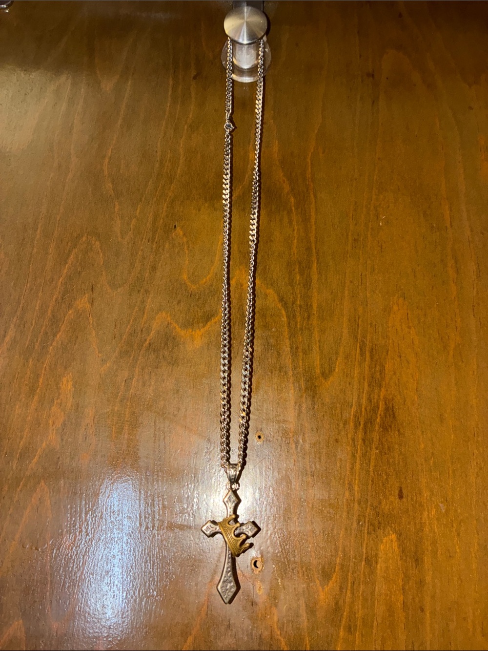 Antique-Style Cross /Crown Pendant Necklace in Aged Brass